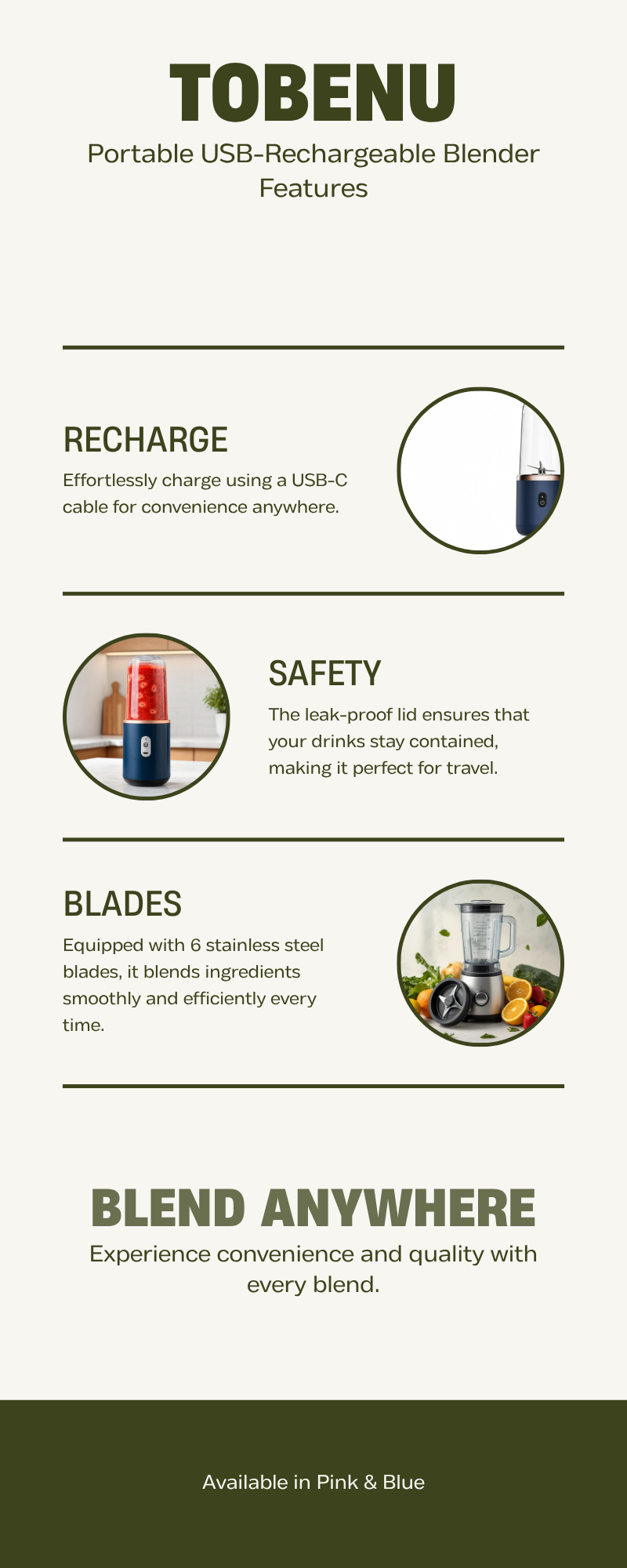 Tobenu portable blender feature infographic: USB-C recharge, leak-proof lid, 6 stainless steel blades, available in Pink and Blue