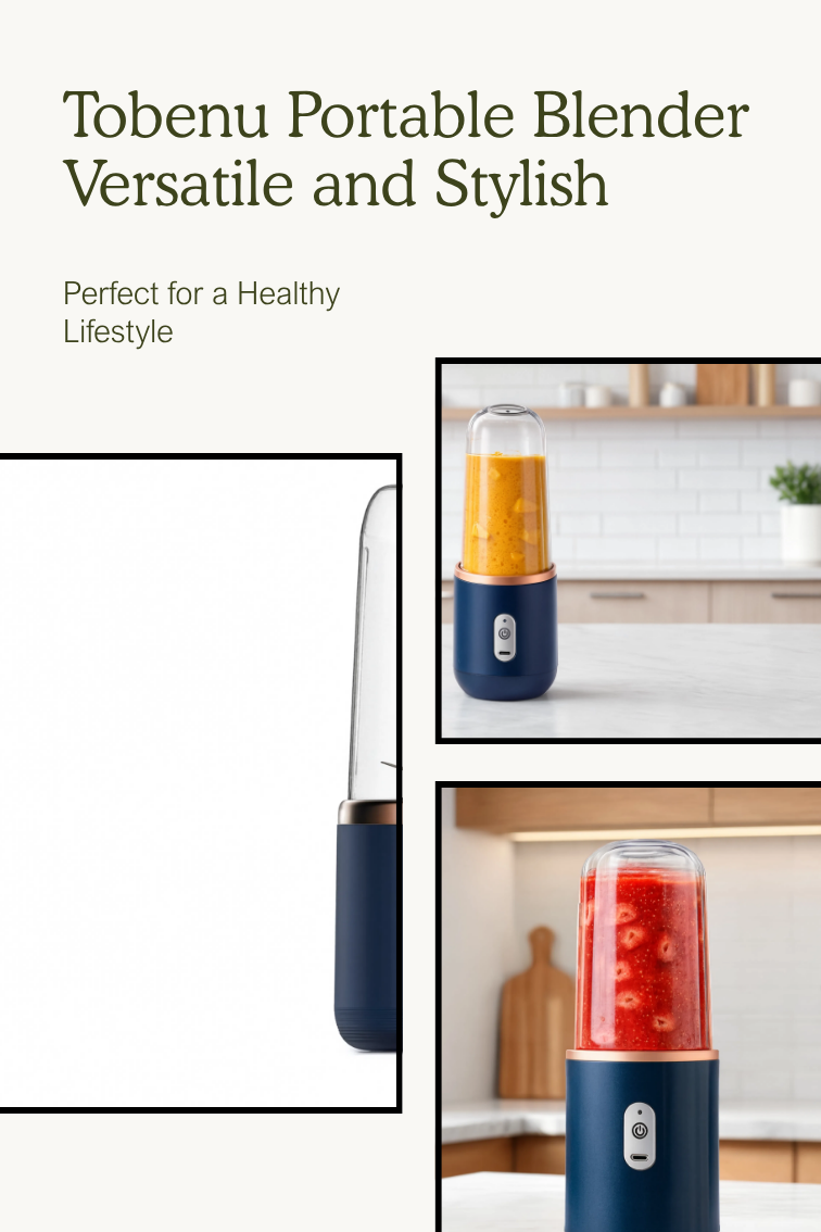 Tobenu Portable Blender collage — versatile and stylish, shown with mango and strawberry smoothies