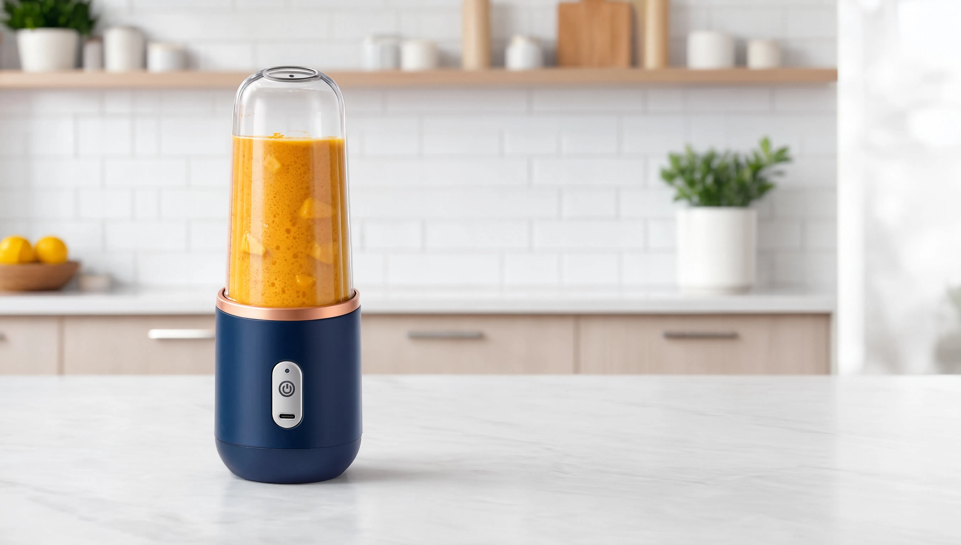 Tobenu portable blender blending a mango smoothie in a kitchen