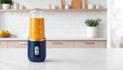 Tobenu portable blender blending a mango smoothie in a kitchen